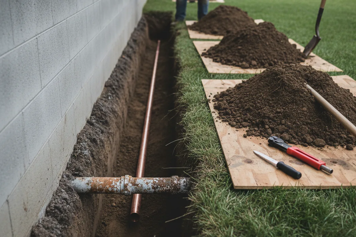 Excavated water line trench during Sewer Line Repair in Zeeland